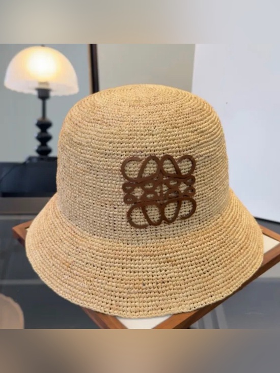 Source Unknown Accessories - Beige Straw Bucket Hat with Brown Logo Accent
